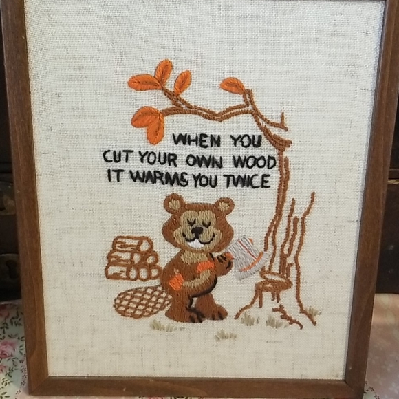 Vintage Other - Vintage Completed Crewel Embroidery Frame Woodsy